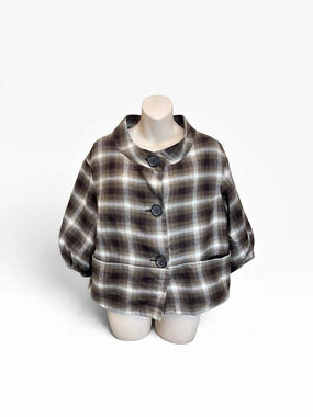 To The Max Plaid Cropped Jacket Brown Cream Wool Blend Size L